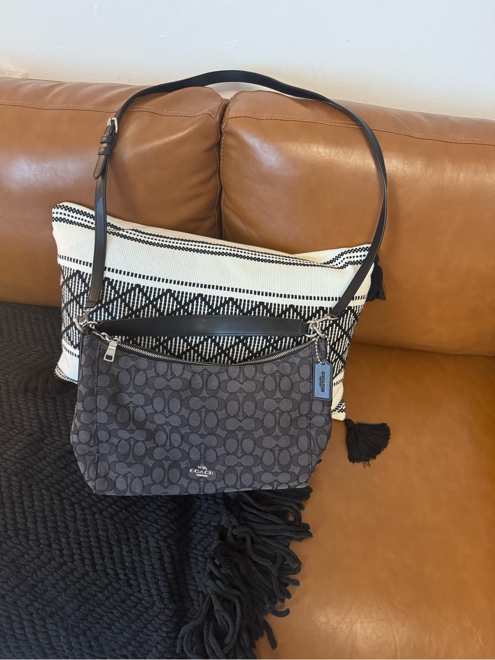 Coach Gray and black Signature Jacquard Shoulder Bag with Black Leather Strap